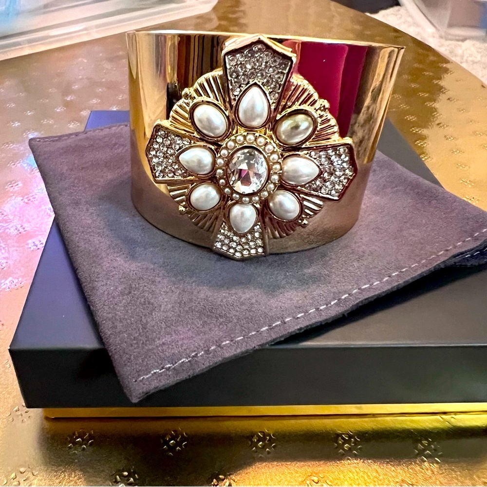 Large Gold Cuff Bracelet with T-Shaped Pearl and Rhinestone Details